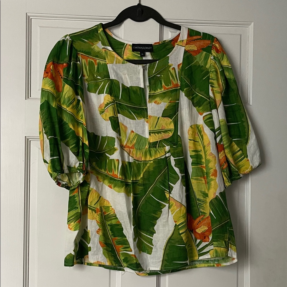 Cynthia Rowley Tropical Leaf Print Linen-Blend Blouse